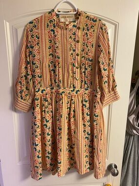 Lauren Moffatt Floral Stripe Button-Front Dress in Cream & Teal - size 10